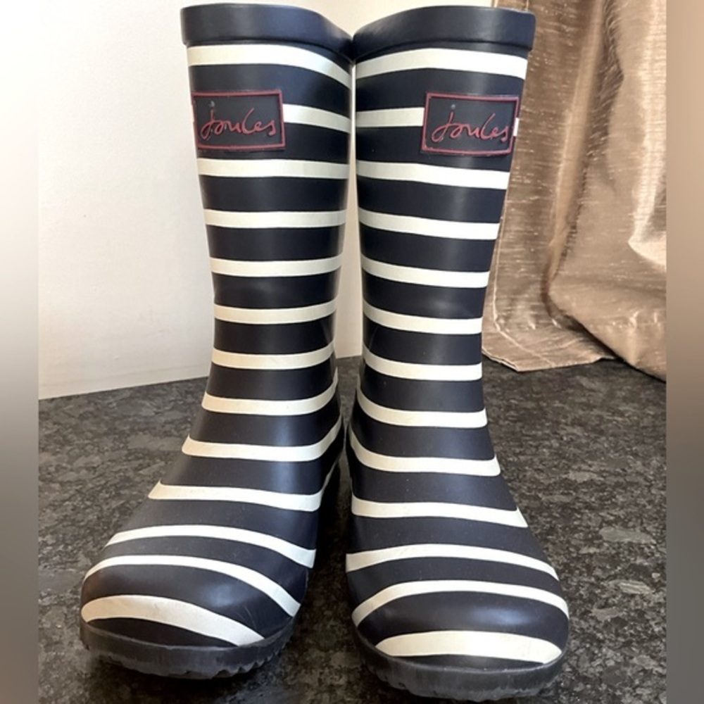 Joules RollUp Navy Striped red trim Wellies/Rain Boots, sz 12 MSRP $59 (unisex)